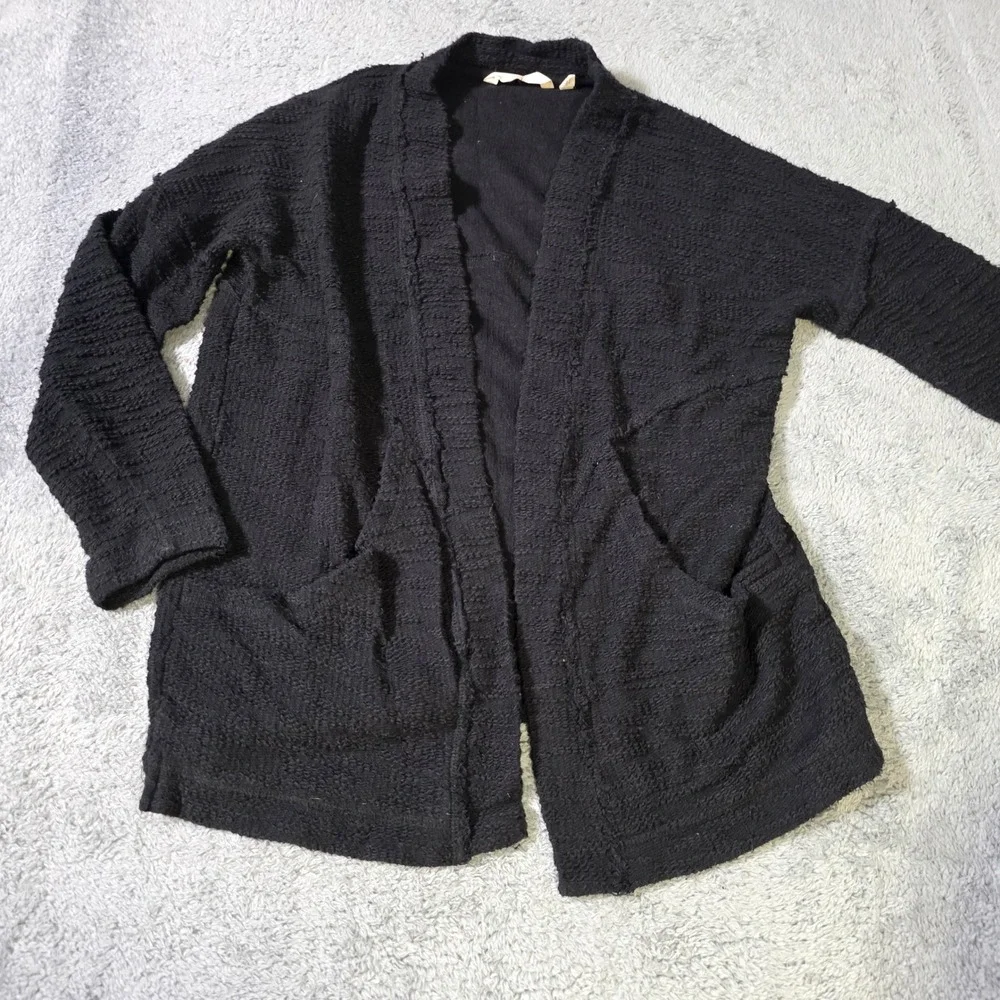 Soft Surroundings Womens XS Cardigan Black Textured Cotton Open Front Pockets